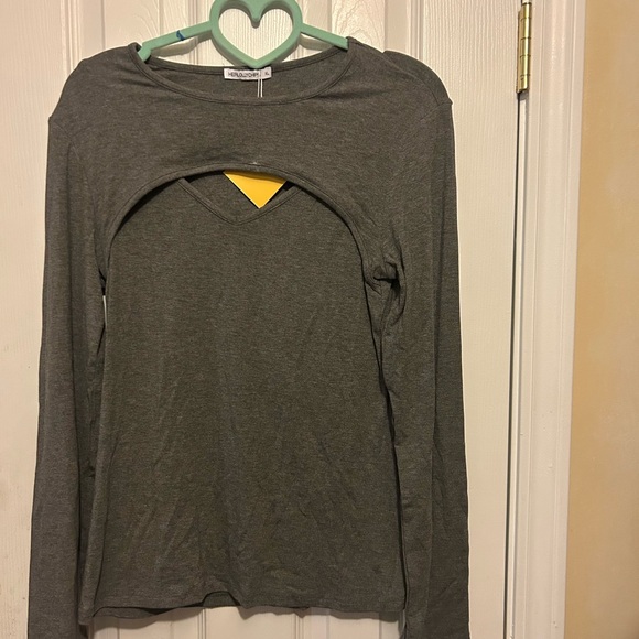 Womens👩🏻Long Sleeve Mock Neck Cutout Front Ribbed Fitted Sexy Tee T-Shirts Sz XL - Picture 5 of 7